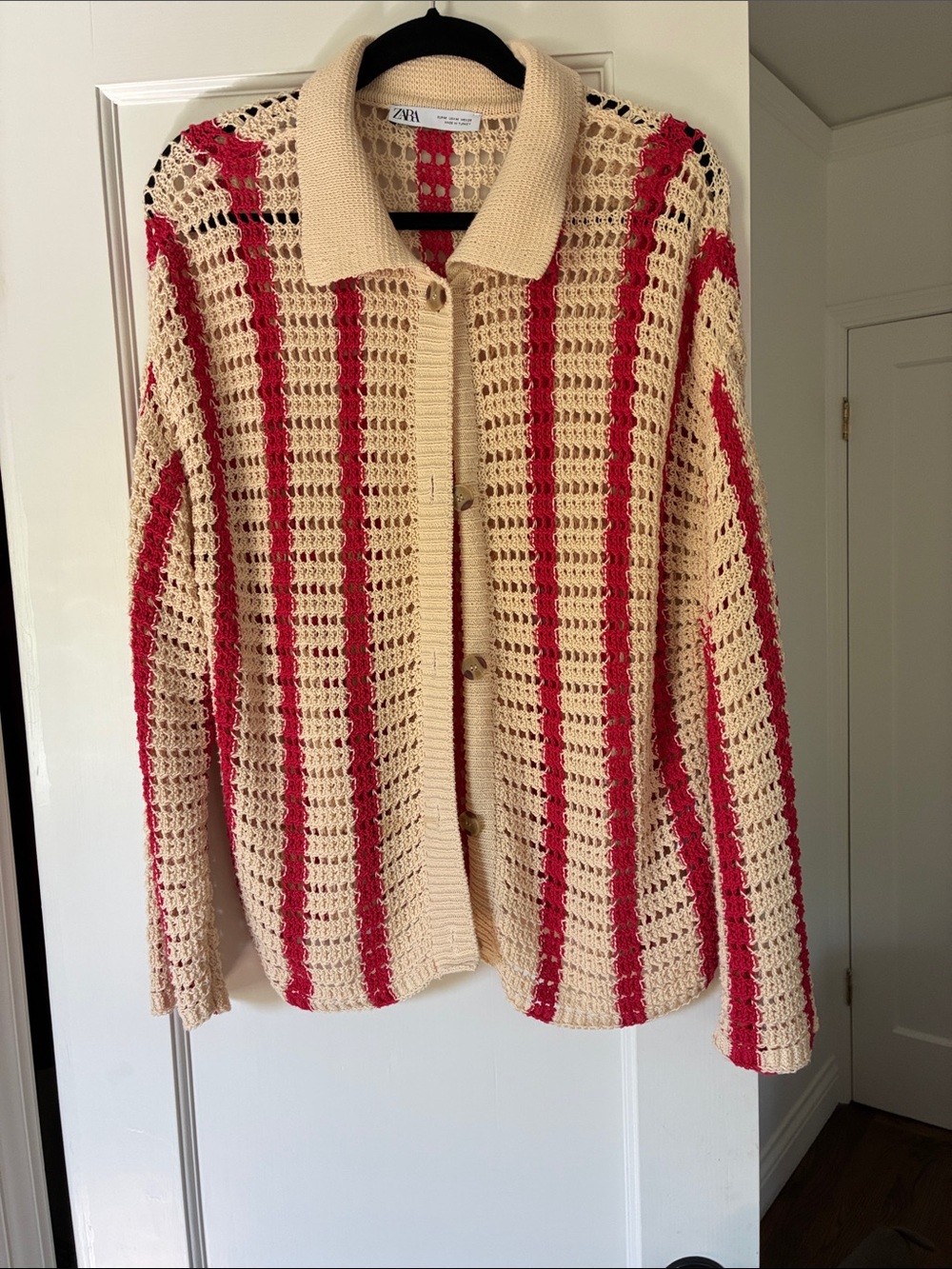 Zara Cream and Red Crochet Button-Up Cardigan